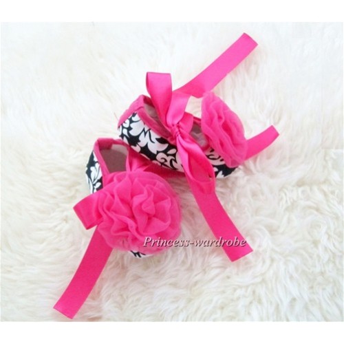 Hot Pink Damask Shoes with Ribbon with Hot Pink Rosettes S423 