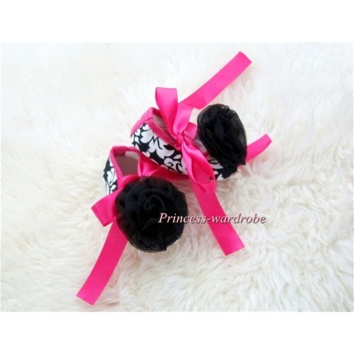 Hot Pink Damask Shoes with Ribbon with Black Rosettes S425 