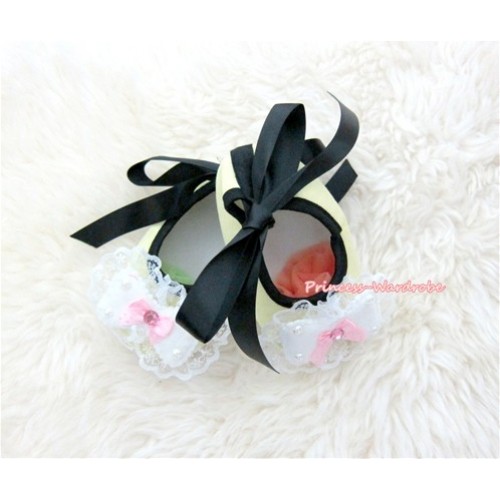 Black Ribbon Yellow Crib Shoes with Lace Bow S433 