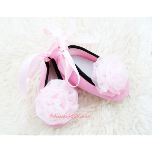Light Pink Ribbon Crib Shoes with Light Pink White Rosettes S445 