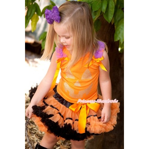 Halloween Orange Tank Top with Sparkle Crystal Glitter Pumpkin Print with Dark Purple Ruffles & Orange Bow & Black Orange Trim Pettiskirt MN112 