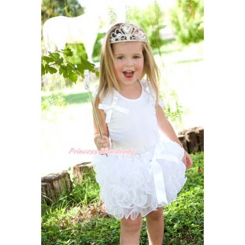 White Tank Top With White Ruffles & White Bows With White Bow White Petal Pettiskirt With White Princess Crown & Crystal Crown Wand Set MG765 