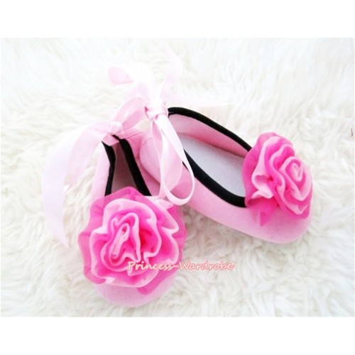 Light Pink Ribbon Crib Shoes with Hot Pink Mix Light Pink Rosettes S449 