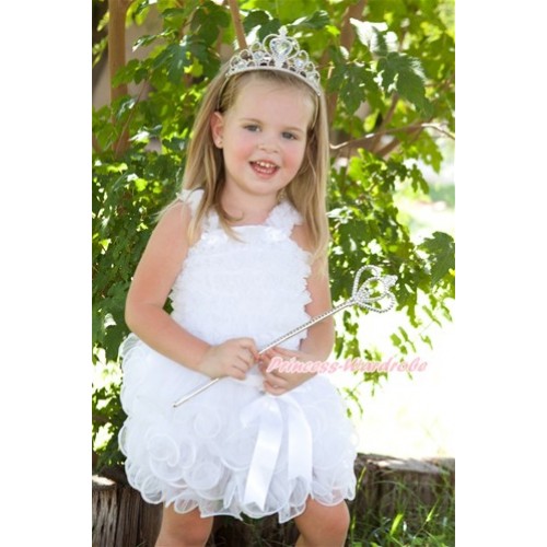 White Bow White Petal Pettiskirt with White Ruffles Tank Top With White Princess Crown & Crystal Crown Wand Set MR246 