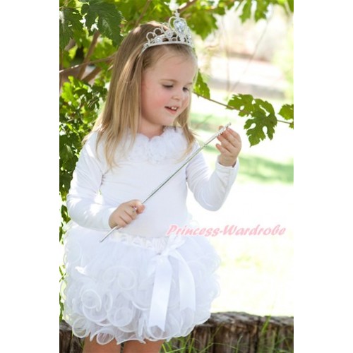 White Bow White Petal Pettiskirt Matching White Rosettes White Long Sleeve Top With White Princess Crown & Crystal Crown Wand Set MW349 