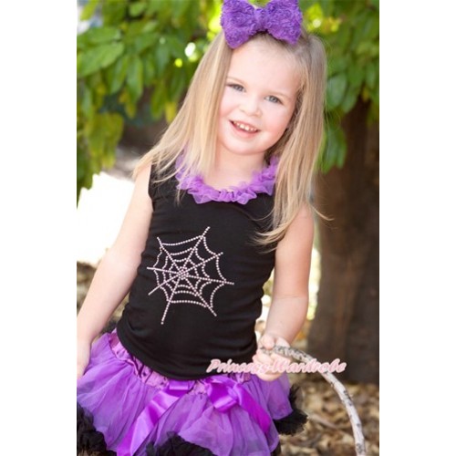 Halloween Black Baby Pettitop with Sparkle Crystal Glitter Bling Spider Web Print with Dark Purple Chiffon Lacing with Dark Purple Black Newborn Pettiskirt NG1250 