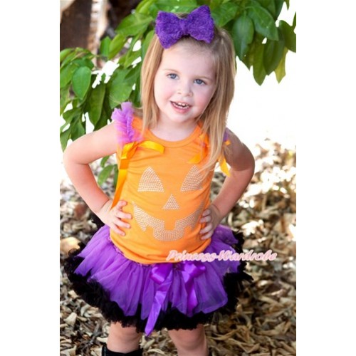 Halloween Orange Baby Pettitop with Sparkle Crystal Glitter Bling Pumpkin Print with Dark Purple Ruffles & Orange Bows & Dark Purple Black Newborn Pettiskirt NO14 