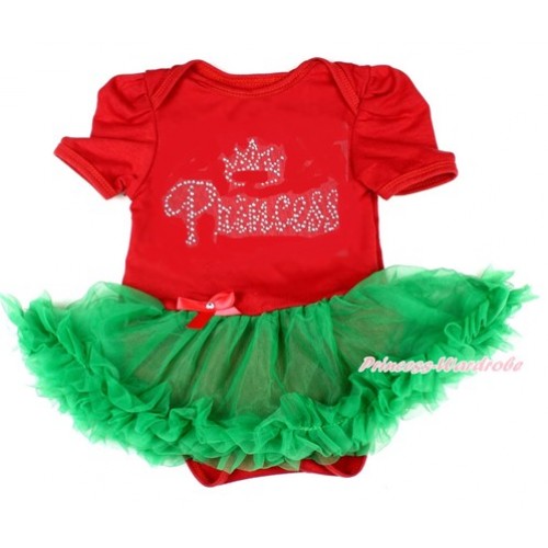 Xmas Red Baby Bodysuit Jumpsuit Kelly Green Pettiskirt with Sparkle Crystal Bling Princess Print JS1838 