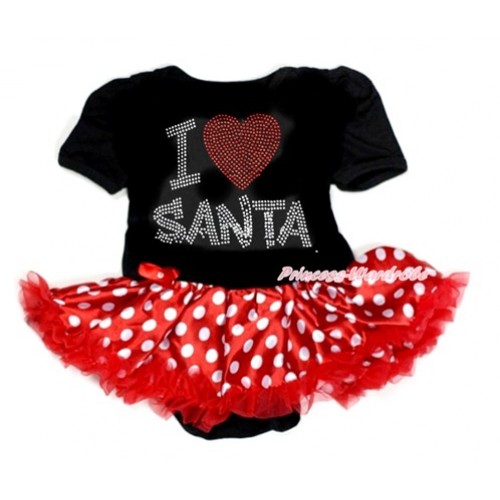 Xmas Black Baby Bodysuit Jumpsuit Minnie Dots Pettiskirt with Sparkle Crystal Bling I Love Santa Print JS1840 