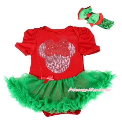 Xmas Red Baby Bodysuit Jumpsuit Kelly Green Pettiskirt With Sparkle Crystal Bling Red Minnie Print With Kelly Green Headband Green Red Ribbon Bow JS1831 