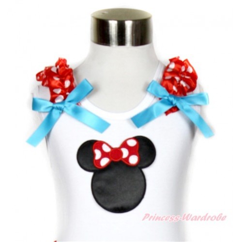 White Tank Top With Minnie Print with Minnie Dots Ruffles & Peacock Blue Bow TB499 