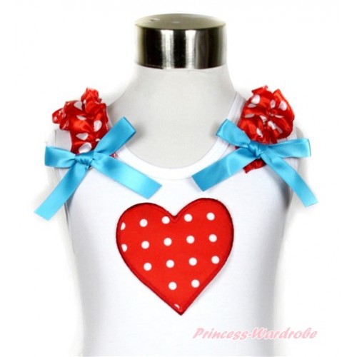 White Tank Top With Red White Polka Dots Heart Print with Minnie Dots Ruffles & Peacock Blue Bow TB503 