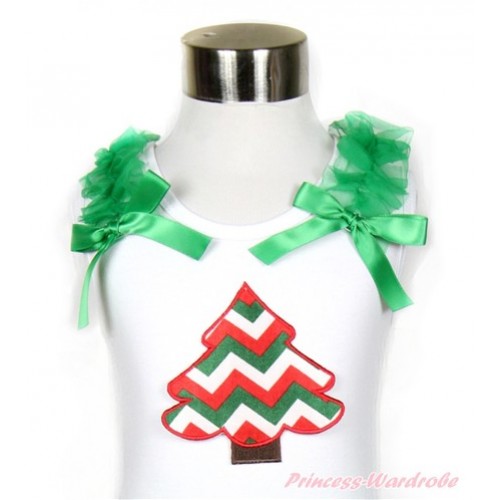 Xmas White Tank Top With Red White Green Wave Christmas Tree Print with Kelly Green Ruffles & Kelly Green Bow TB509 