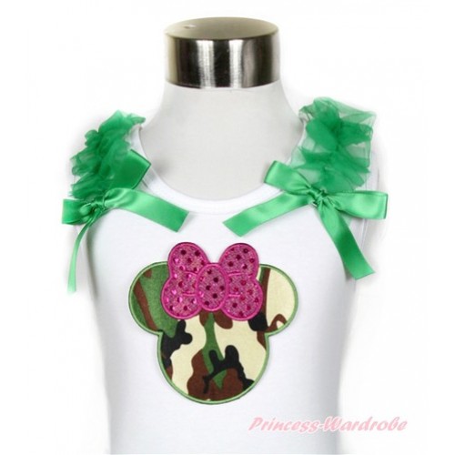 White Tank Top With Sparkle Hot Pink Camouflage Minnie Print with Kelly Green Ruffles & Kelly Green Bow TB510 