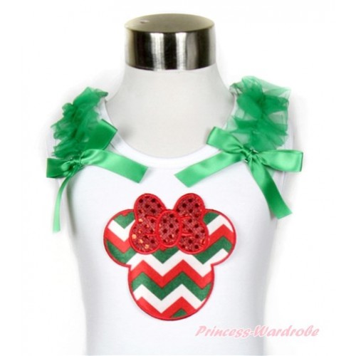 Xmas White Tank Top With Sparkle Red White Green Wave Minnie Print with Kelly Green Ruffles & Kelly Green Bow TB511 