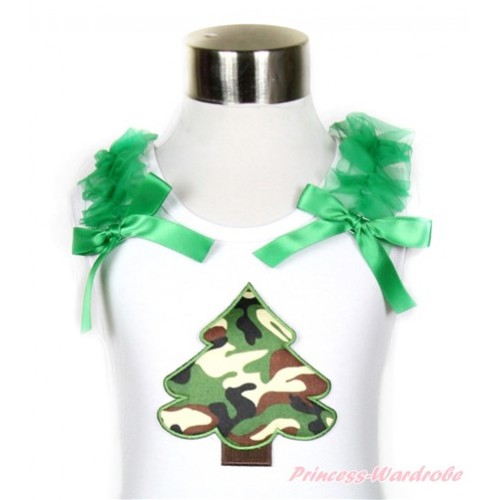 Xmas White Tank Top With Camouflage Christmas Tree Print with Kelly Green Ruffles & Kelly Green Bow TB513 