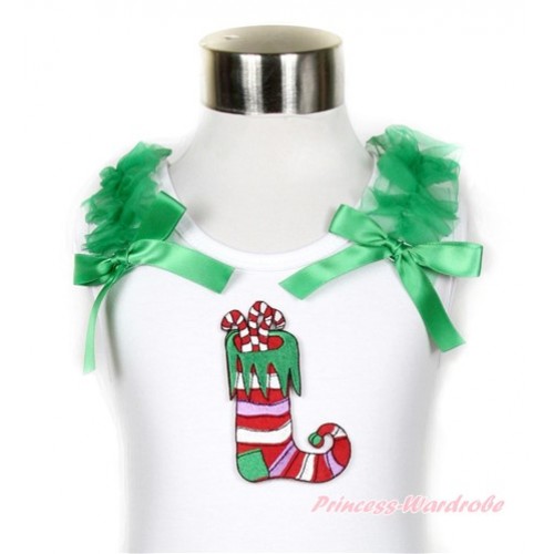 Xmas White Tank Top With Christmas Stocking Print with Kelly Green Ruffles & Kelly Green Bow TB514 
