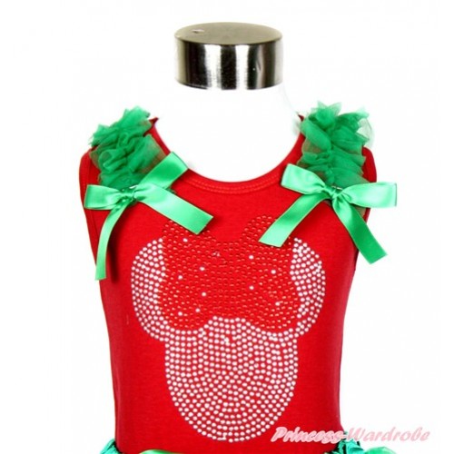 Xmas Red Tank Top With Sparkle Crystal Bling Red Minnie Print with Kelly Green Ruffles & Kelly Green Bow T521 