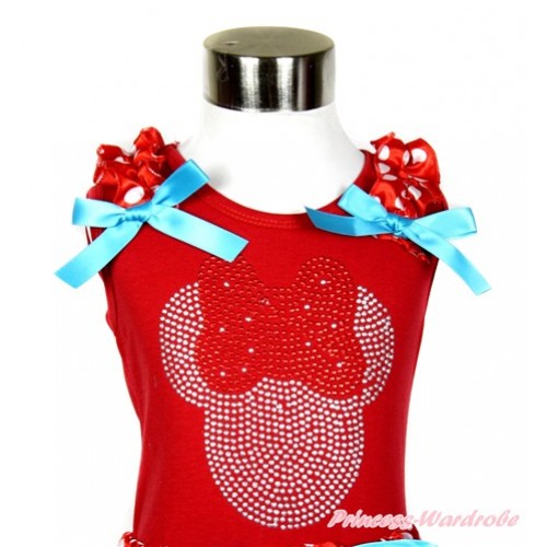 Xmas Red Tank Top With Sparkle Crystal Bling Red Minnie Print with Minnie Dots Ruffles & Peacock Blue Bow T522 