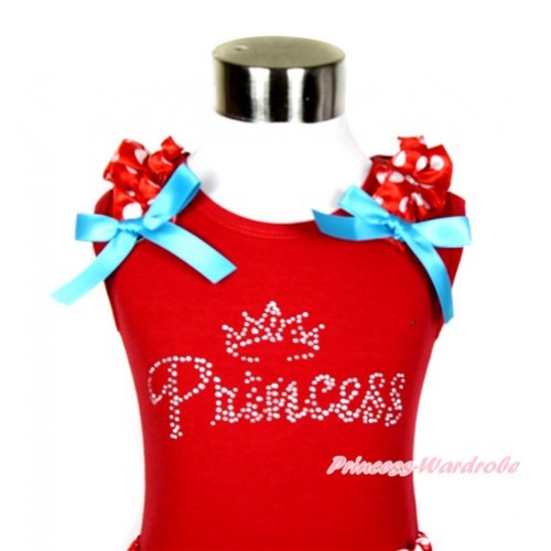 Xmas Red Tank Top With Sparkle Crystal Bling Princess Print with Minnie Dots Ruffles & Peacock Blue Bow T523 