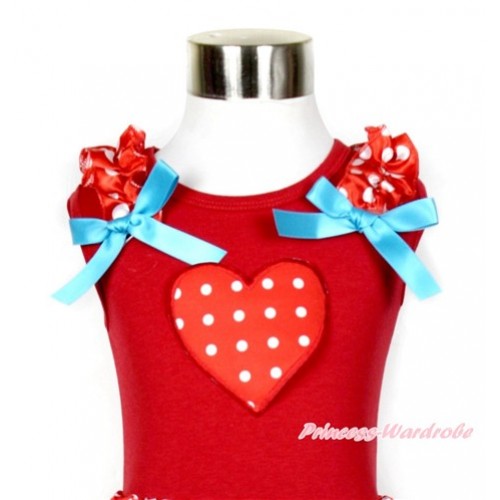 Red Tank Top With Red White Polka Dots Heart Print with Minnie Dots Ruffles & Peacock Blue Bow T524 