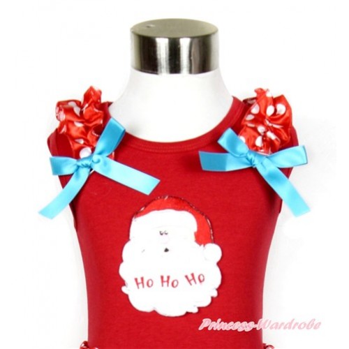 Xmas Red Tank Top With Santa Claus Print with Minnie Dots Ruffles & Peacock Blue Bow T528 