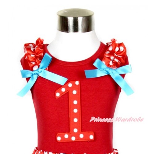 Red Tank Top With 1st Red White Dots Birthday Number Print with Minnie Dots Ruffles & Peacock Blue Bow T530 