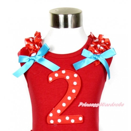 Red Tank Top With 2nd Red White Dots Birthday Number Print with Minnie Dots Ruffles & Peacock Blue Bow T531 