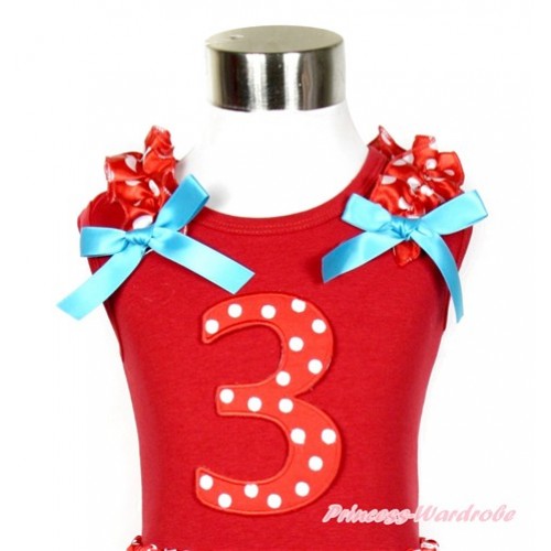 Red Tank Top With 3rd Red White Dots Birthday Number Print with Minnie Dots Ruffles & Peacock Blue Bow T532 