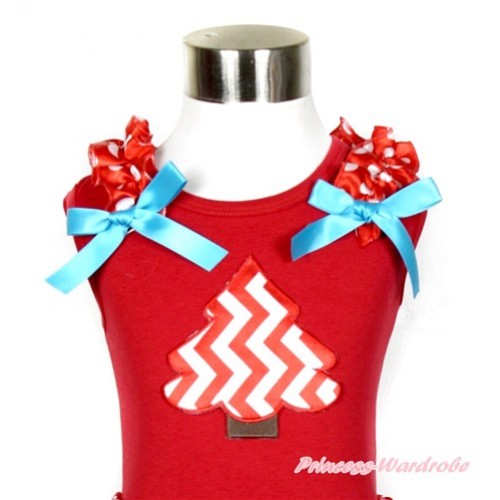 Xmas Red Tank Top With Red White Wave Christmas Tree Print with Minnie Dots Ruffles & Peacock Blue Bow T533 