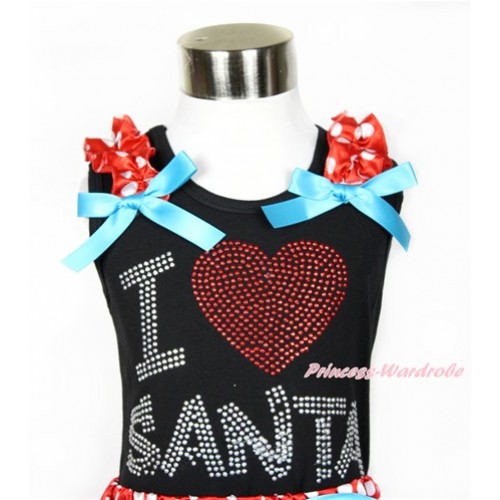 Xmas Black Tank Top With Minnie Dots Ruffles & Peacock Blue Bow With Sparkle Crystal Bling I Love Santa Print TB517 