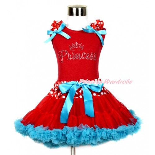 Xmas Red Tank Top with Minnie Dots Ruffles & Peacock Blue Bow & Sparkle Crystal Bling Princess Print With Minnie Dots Waist Red Peacock Blue Pettiskirt CM135 