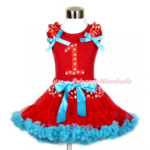 Red Tank Top with Minnie Dots Ruffles & Peacock Blue Bow & 1st Red White Dots Birthday Age Print With Minnie Dots Waist Red Peacock Blue Pettiskirt CM142 