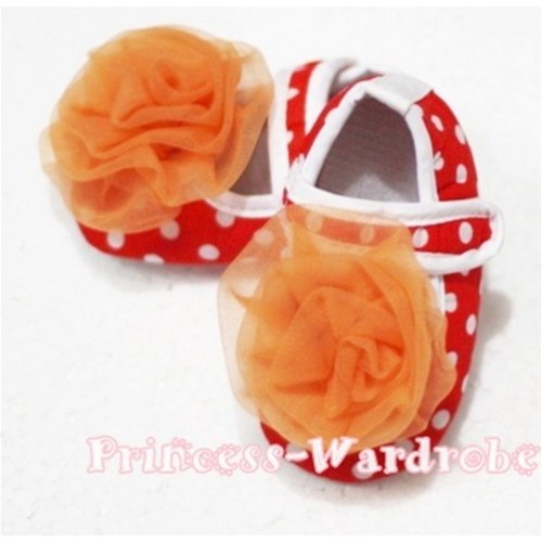 Baby Red White Poika Dot Crib Shoes with Orange Rosettes S74 