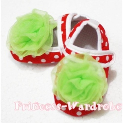 Baby Red White Poika Dot Crib Shoes with Lime Green Rosettes S76 