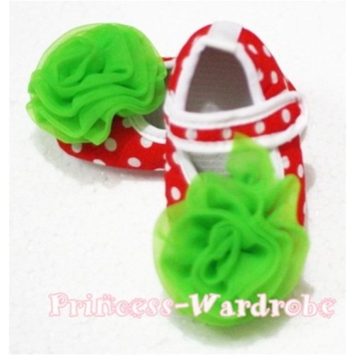 Baby Red White Poika Dot Crib Shoes with Dark Green Rosettes S77 