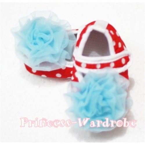 Baby Red White Poika Dot Crib Shoes with Light Blue Rosettes S78 