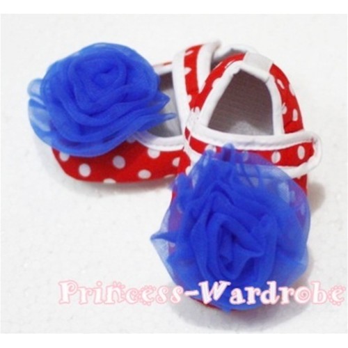 Baby Red White Poika Dot Crib Shoes with Royal Blue Rosettes S79 