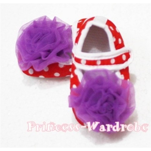 Baby Red White Poika Dot Crib Shoes with Dark Purple Rosettes S80 