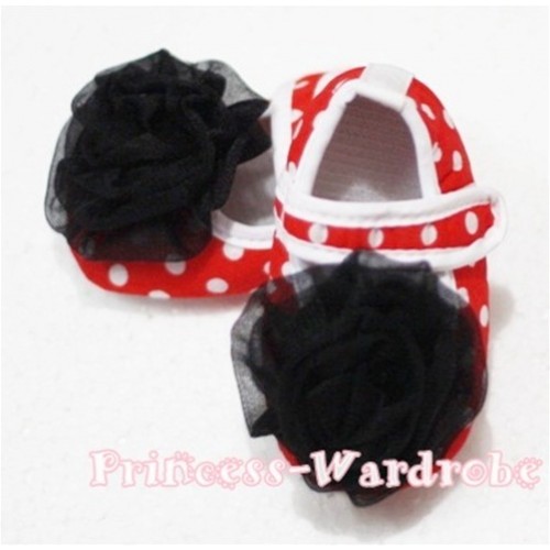 Baby Red White Polka Dot Crib Shoes with Black Rosettes S82 