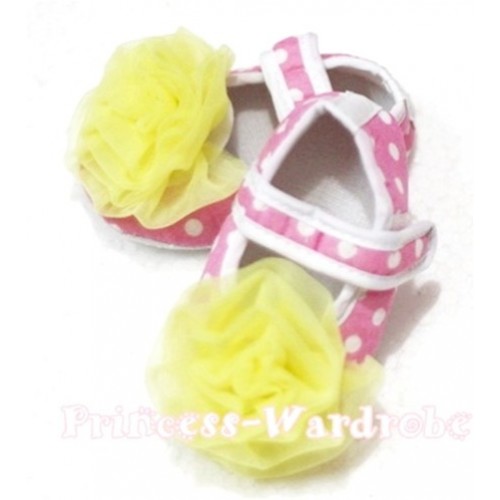 Baby Light Pink White Poika Dot Crib Shoes with Yellow Rosettes S91 