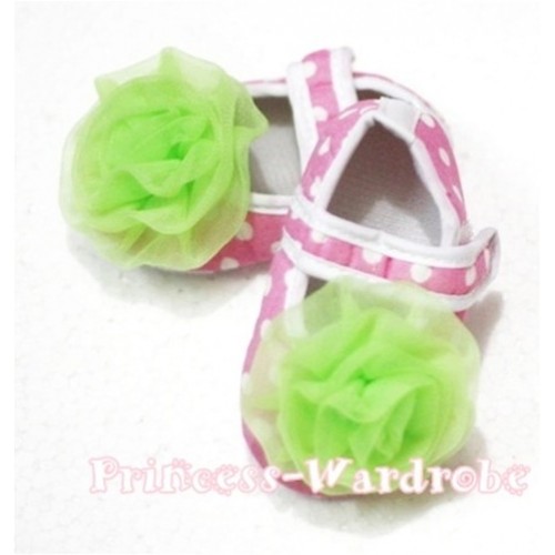 Baby Light Pink White Poika Dot Crib Shoes with Lime Green Rosettes S92 