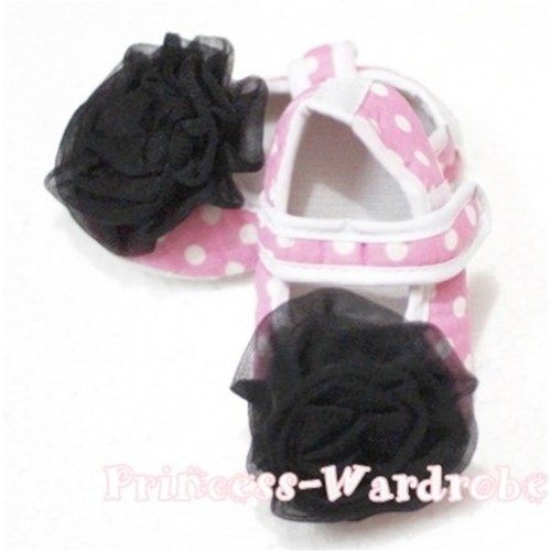 Baby Light Pink White Poika Dot Crib Shoes with Black Rosettes S98 