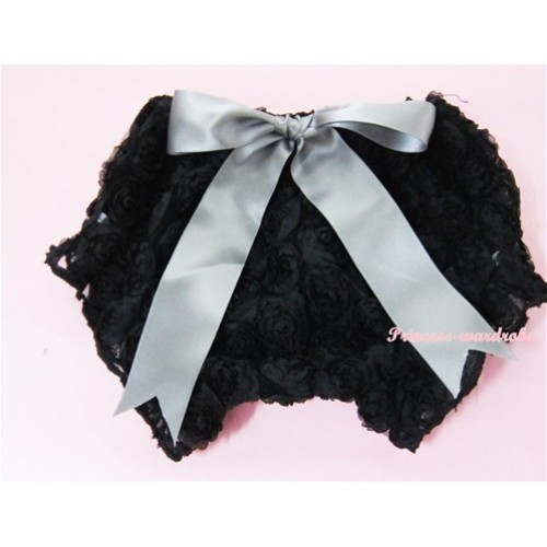 Black Romantic Rose Panties Bloomers With Grey Bow BR11 