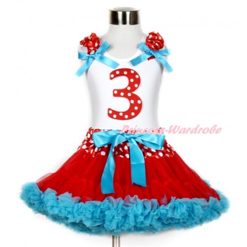 White Tank Top with 3rd Red White Dots Birthday Number Print with Minnie Dots Ruffles & Peacock Blue Bow & Minnie Dots Waist Red Peacock Blue Pettiskirt MG780 