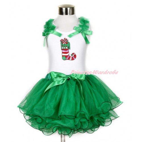 Xmas White Tank Top With Kelly Green Ruffles & Kelly Green Bow & Christmas Stocking Print With Kelly Green Bow Kelly Green Petal Pettiskirt MG786 