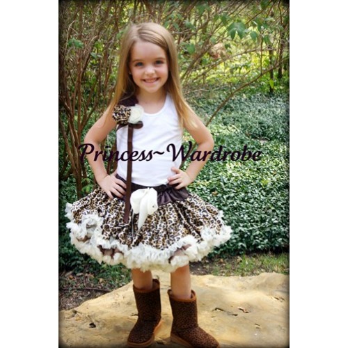 Cream White Leopard Pettiskirt with Bunch of Brown Leopard Cream White Rosettes and Brown Bow White Tank Top MW40 