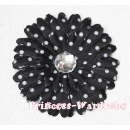 Black White Polka Dot Crystal Daisy Hair Pin H162 