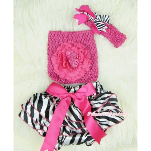 Zebra Patterns Layer Panties Bloomers with Hot Pink Peony Hot Pink Crochet Tube Top and Zebra Print Hot Pink Bow Hot Pink Headband 3PC Set CT355 