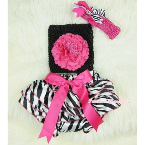 Hot Pink Bow Zebra Satin Bloomers with Hot Pink Peony Black Crochet Tube Top and Hot Pink Headband Hot Pink Zebra Screwed Ribbon Bow 3PC Set CT356 